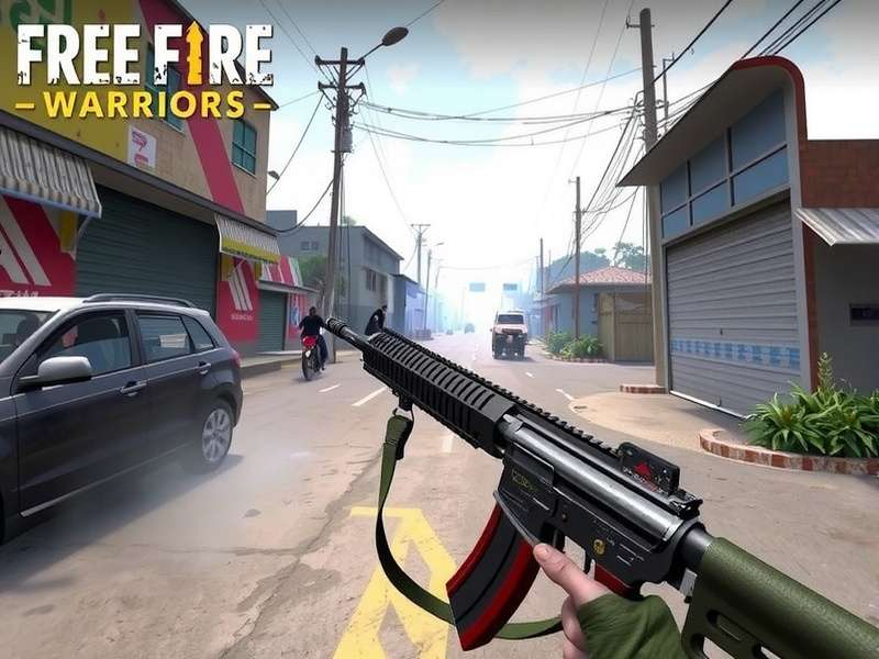 Free Fire Warriors gameplay showing a player in an Indian street setting with a rifle